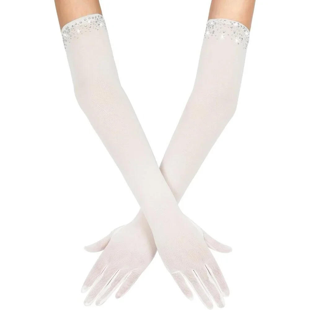 Women's Sexy Pearl Beaded Light Lvory Long Gloves Tulle Mesh Wedding Party Prom